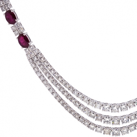 Womens Ruby Diamond Layered Tennis Necklace 18K White Gold 16.5"
