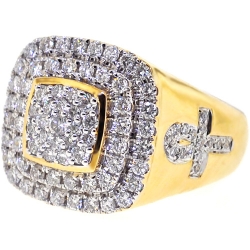 14K Yellow Gold 1.77 ct Diamond Ankh Cross Mens Ring