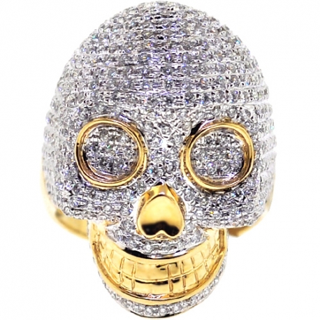 14K Yellow Gold 3.25 ct Diamond Pave Mens Skull Ring