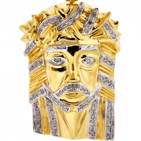Mens Diamond Jesus Christ Head Pendant 10K Yellow Gold 0.29ct