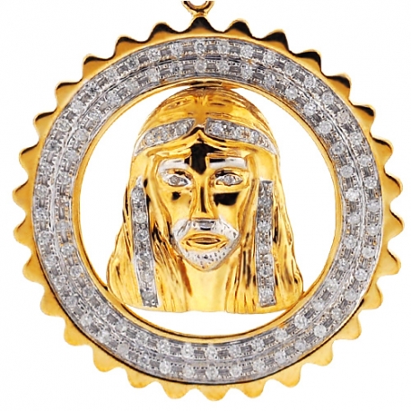 Mens Diamond Jesus Face Framed Pendant 10K Yellow Gold 0.64ct