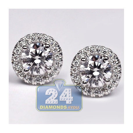 Womens Round Diamond Halo Studs Earrings in 18K White Gold