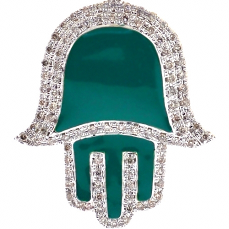 10K Yellow Gold Green Enamel 0.46ct Diamond Hamsa Hand Pendant