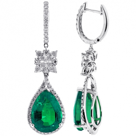 Womens Emerald Diamond Dangle Earrings 18K White Gold 16.25 ct