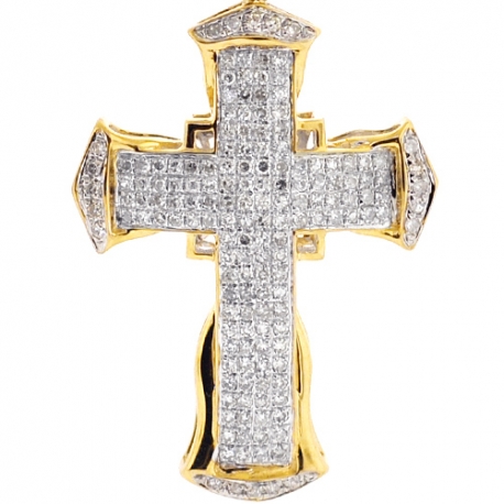 Mens Diamond Puff Cross Religious Pendant 10K Yellow Gold 0.92ct 