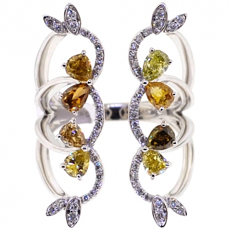 Womens Yellow Diamond Open Cuff Flower Ring Solid 14K White Gold