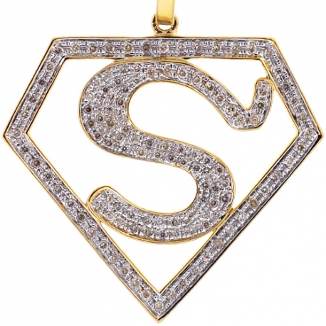 Mens Diamond Superman Shield Pendant 10K Yellow Gold 0.85ct