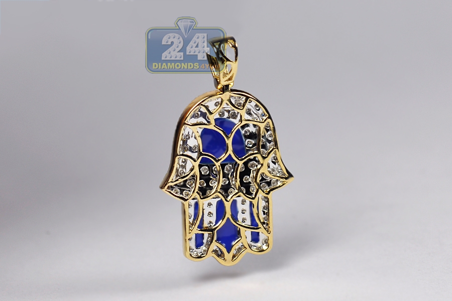 10K Yellow Gold Blue Enamel Diamond Hamsa Hand Pendant for Men