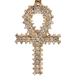 14K Yellow Gold 1.21 ct 3 Rows Diamond Ankh Cross Pendant