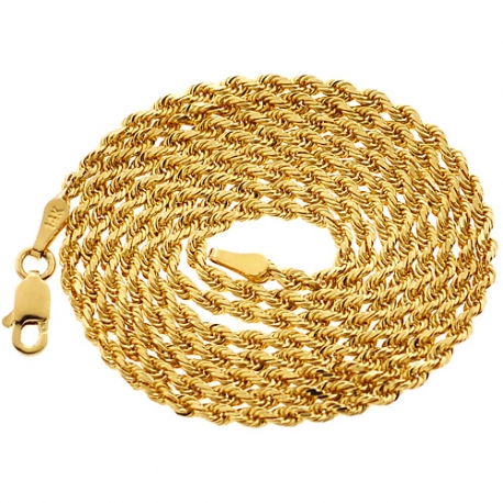 Solid 14K Yellow Gold Mens Rope Chain 2 mm 20 22 24 26 28 30"