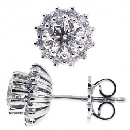Womens Diamond Flower Stud Earrings 18K White Gold 1.82 Carat