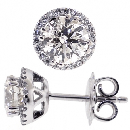Womens Diamond Halo Push Back Stud Earrings 18K Gold 1.73 Carat