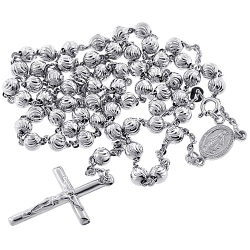 Sterling Silver Moon Cut Rosary Mens Necklace 5 mm 24 26 inch