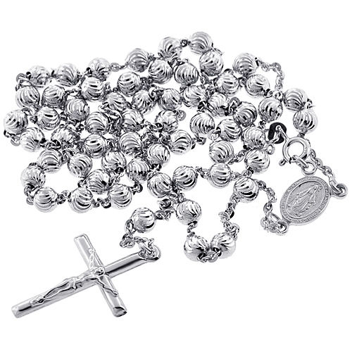 Sterling Silver Beaded Rosary Necklace with Dangling Cross 