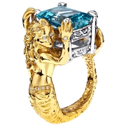 18K Yellow Gold Platinum Aquamarine Diamond Mermaid Ring