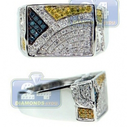 14K Gold 1.55 ct White Blue Yellow Diamond Mens Rectangle Ring
