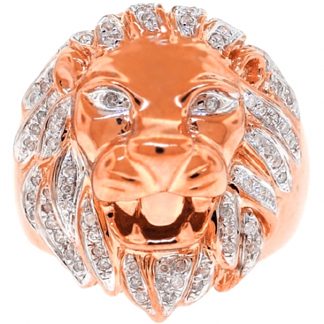 Mens Diamond Lion Head Pinky Signet Ring Solid 14K Rose Gold