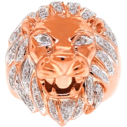 14K Rose Gold 0.45 ct Diamond Lion Head Mens Ring