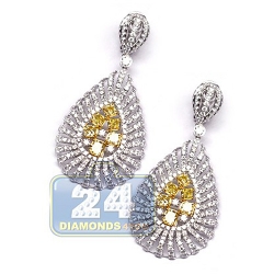 Womens Fancy Yellow Diamond Dangle Earrings 18K White Gold 2.5"