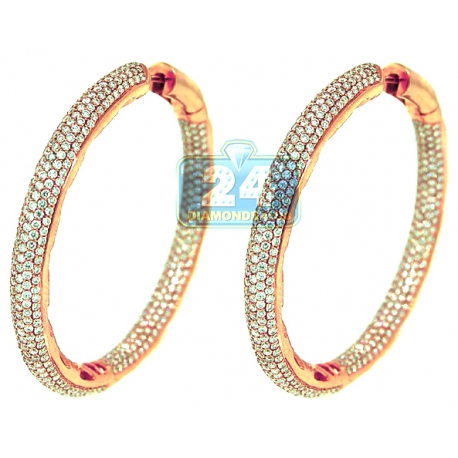 Womens Diamond Hoop Earrings 14K Rose Gold 14.42 ct 2 1/4 Inch