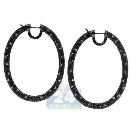 Womens Black Diamond Oval Hoop Earrings 18K Gold 2.25 Inches