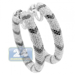 14K White Gold 17.90 ct Diamond Zebra Hoops Earrings 1 5/8 Inch