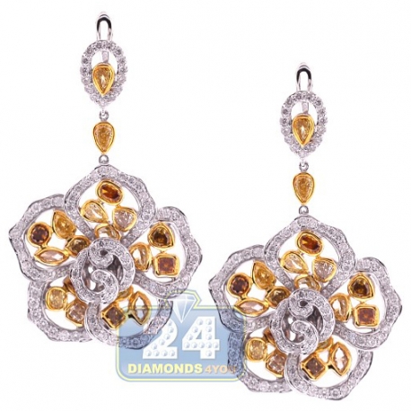 Womens Fancy Diamond Flower Earrings 14K White Gold 9.41 ct 2"