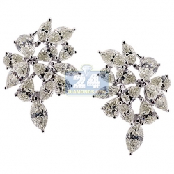 Womens Diamond Flower Huggie Earrings 14K White Gold 4.49 ct