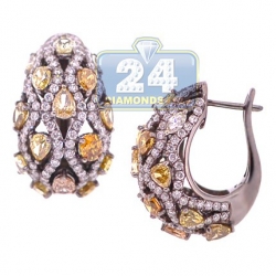 Womens Fancy Yellow Diamond Small Huggie Earrings Black 14K Gold