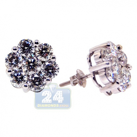 Womens Diamond Cluster Stud Earrings 14K White Gold 4.40 ct
