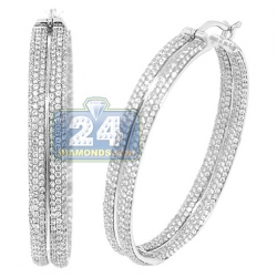 14K White Gold 3.64 ct Diamond Pave Round Hoop Earrings 2 Inch