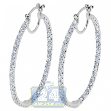 Womens Diamond Oval Hoop Earrings 14K White Gold 3.02 Carats