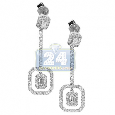 Womens Diamond Halo Drop Earrings 18K White Gold 2.00 Carat