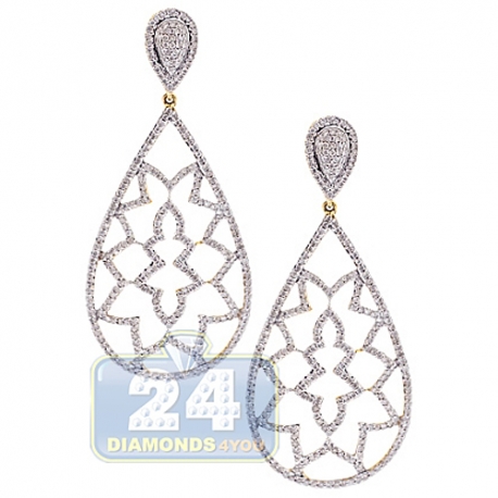 Womens Diamond Openwork Dangle Earrings 14K Yellow Gold 2.02 ct