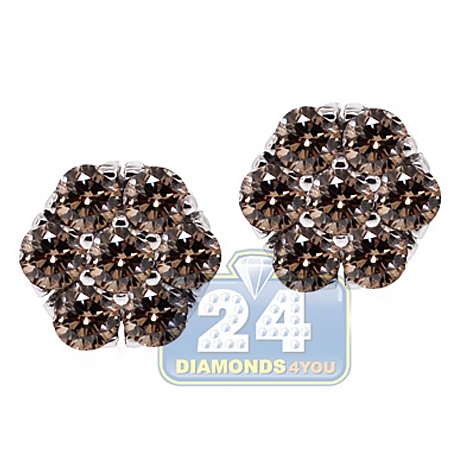 Womens Fancy Brown Cognac Diamond Stud Earrings 14K White Gold