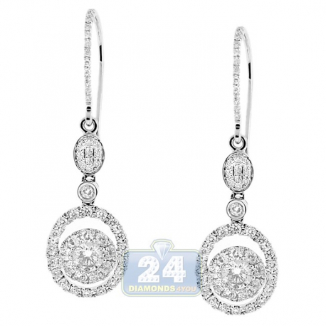 Womens Diamond Dangle Hook Earrings 14K White Gold 1.36 Carat