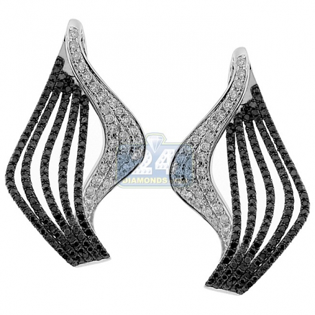 Womens Black Diamond Waved Earrings 14K White Gold 1.94 Carat