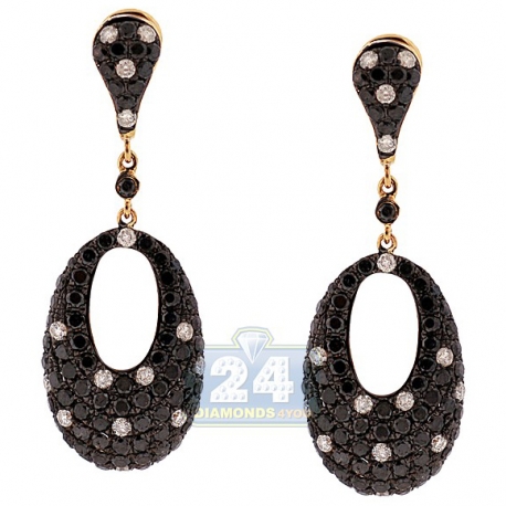 Womens Black Diamond Oval Drop Earrings 14K Yellow Gold 4.19 ct