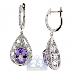 Womens Purple Amethyst Diamond Drop Earrings 14K White Gold