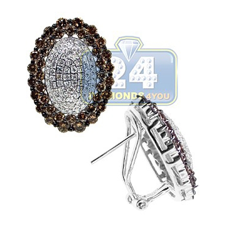 Womens Cognac Diamond Omega Huggie Earrings 14K White Gold