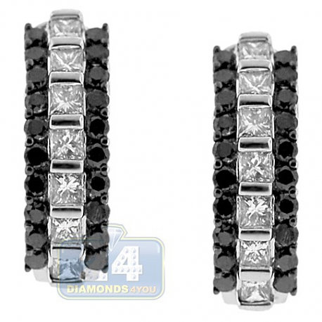 Womens Black Diamond Huggie Earrings 14K White Gold 2.12 Carat