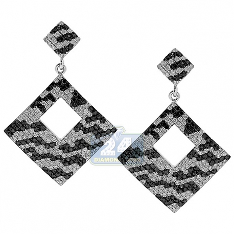 Womens Zebra Diamond Square Dangle Earrings 14K White Gold