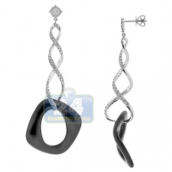 Womens Diamond Spiral Drop Earrings 14K Gold Black Ceramic 1.67 ct
