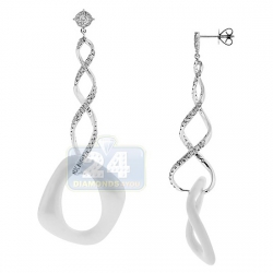 Womens Diamond Spiral Drop Earrings 14K White Gold Ceramic 1.66 ct