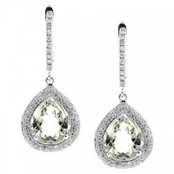 Womens Green Amethyst Diamond Earrings 14K White Gold 7.17 ct