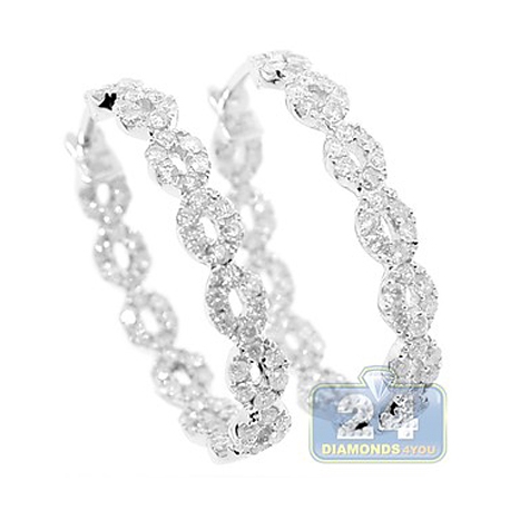 Womens Diamond Fancy Oval Hoop Earrings 14K White Gold 1.60 ct