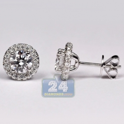 Womens Round Diamond Halo Stud Earrings 14K White Gold 1.26 ct