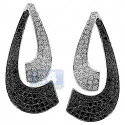 Womens Black Diamond Drop Wave Earrings 14K White Gold 1.17 ct