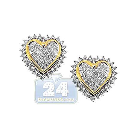Womens Diamond Heart Stud Earrings 14K Yellow Gold 1.30 Carat
