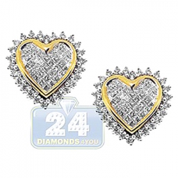 14K Yellow Gold 1.30 ct Diamond Heart Womens Stud Earrings